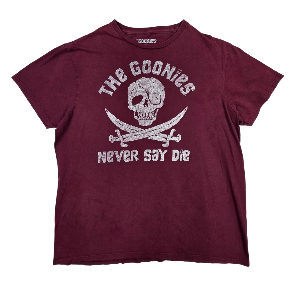 The Goonies Never Say Die Graphic T-Shirt Mens Large Burgundy Maroon Skull Tee
